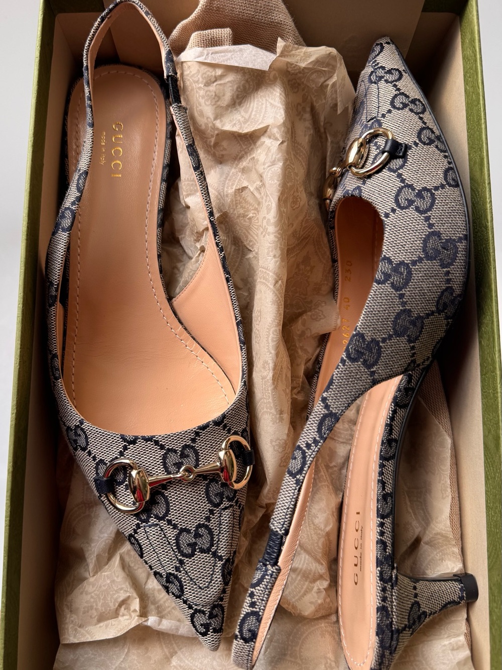 Gucci Beige and Navy GG Canvas Slingback Heels with Gold Horsebit